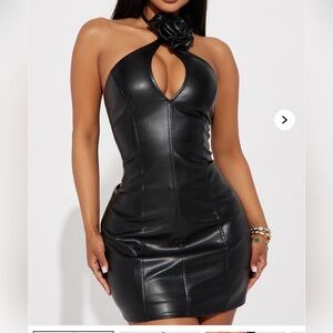 Black leather mini dress with rose
